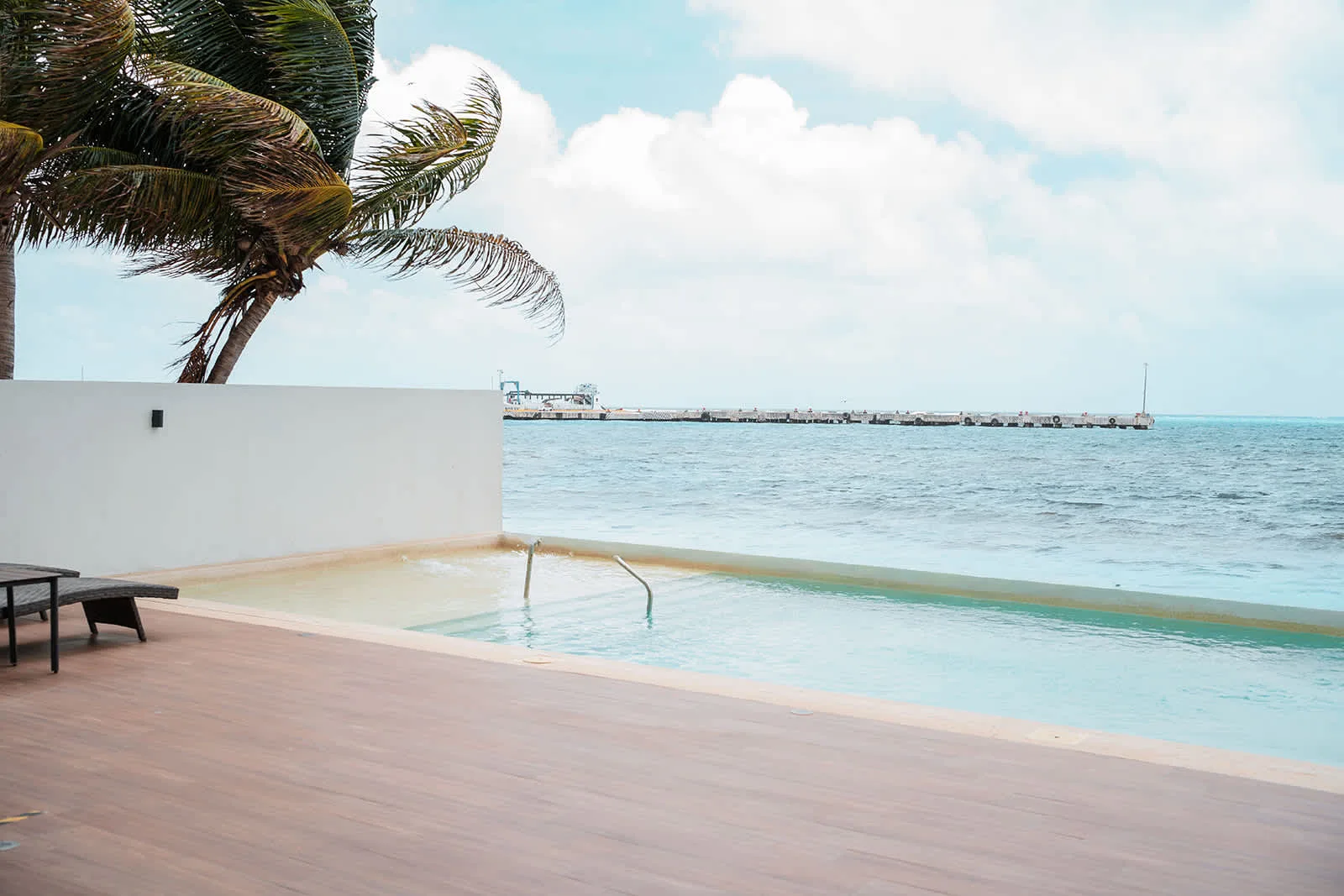 Zona común: Una piscina junto al mar junto a una terraza de madera, con palmeras y el océano al fondo.