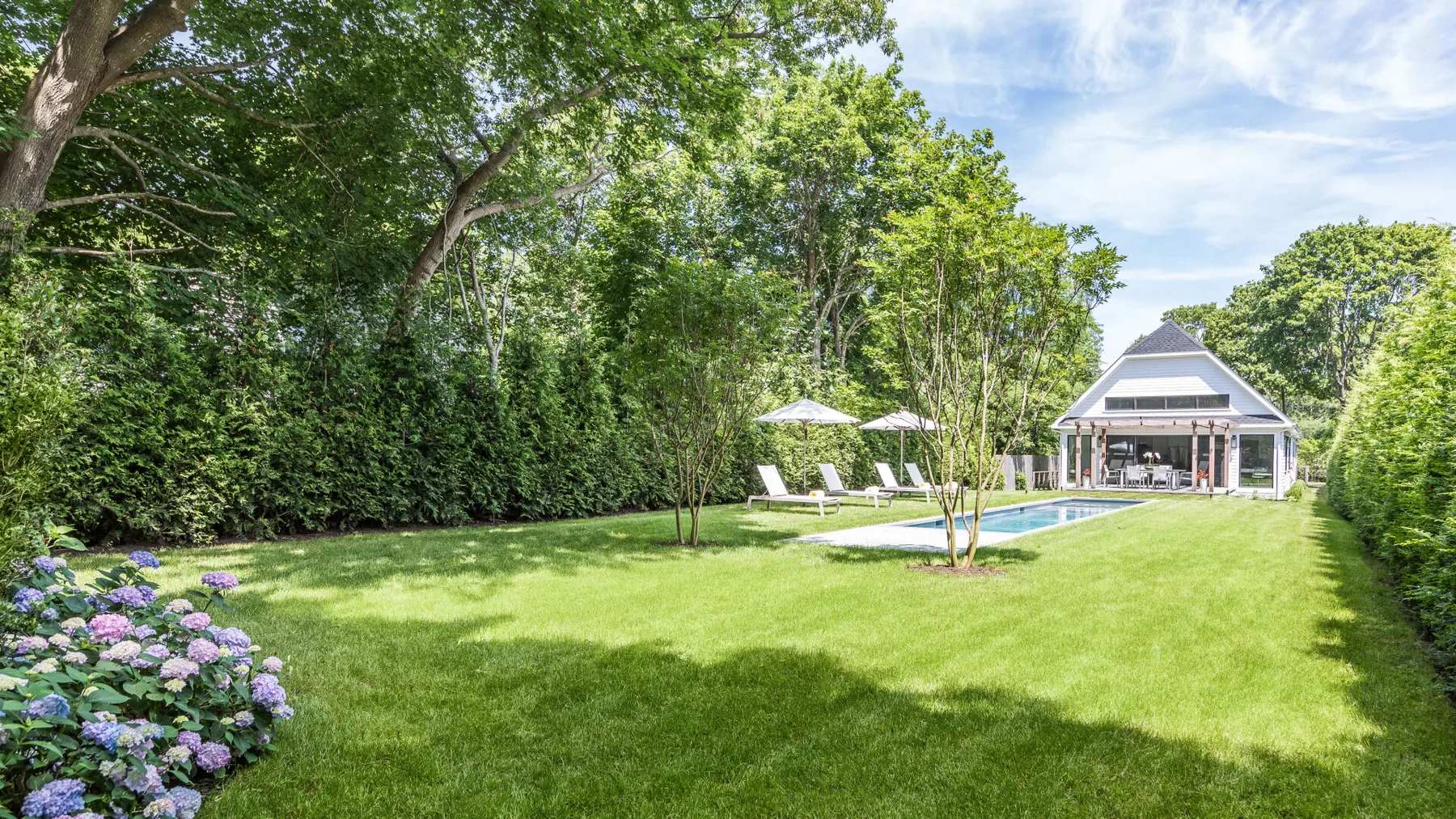 A landscaped backyard with a lawn, flowering shrubs, and a swimming pool.