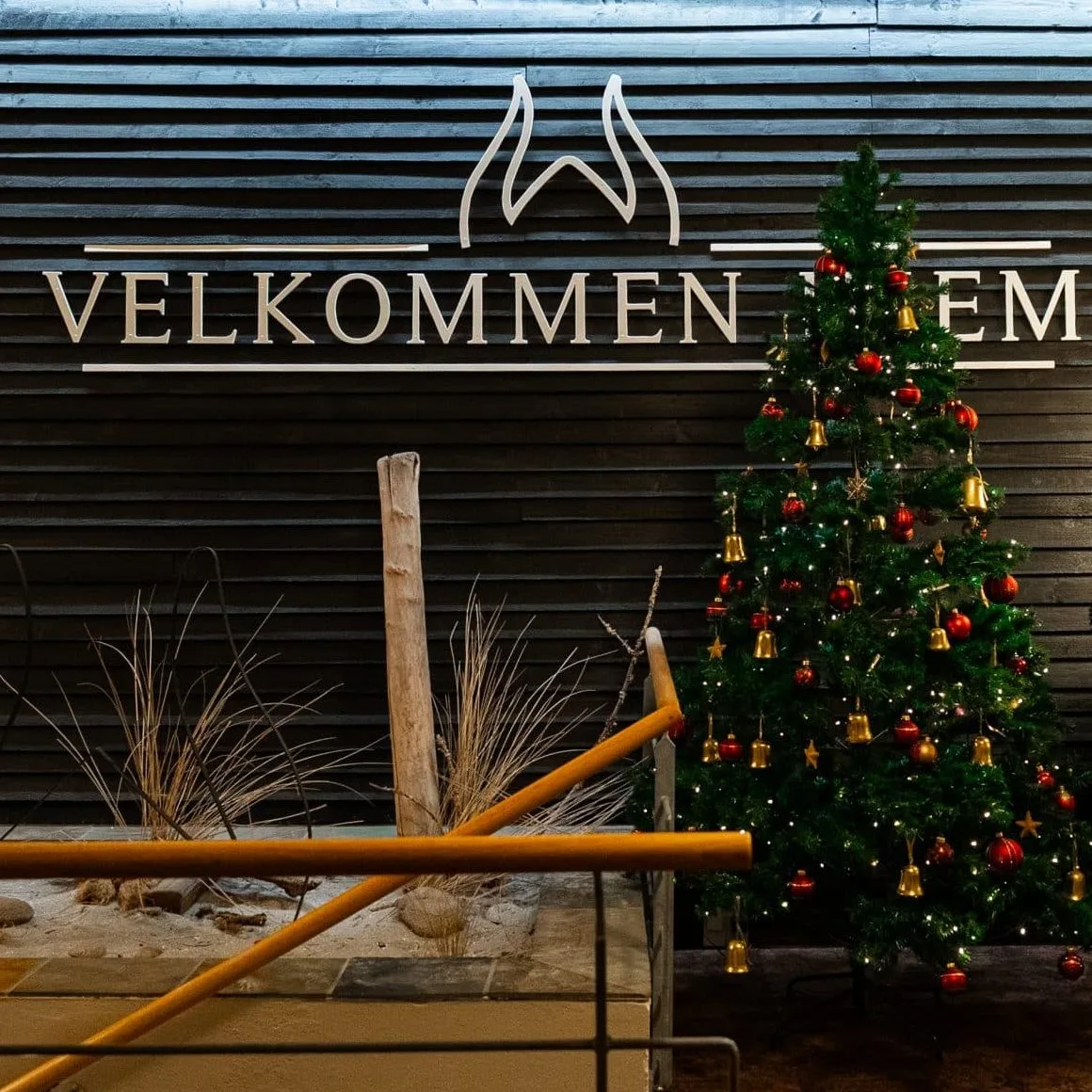 Espacio representativo del hotel: Un árbol de Navidad decorado está junto a un letrero de bienvenida de madera oscura.