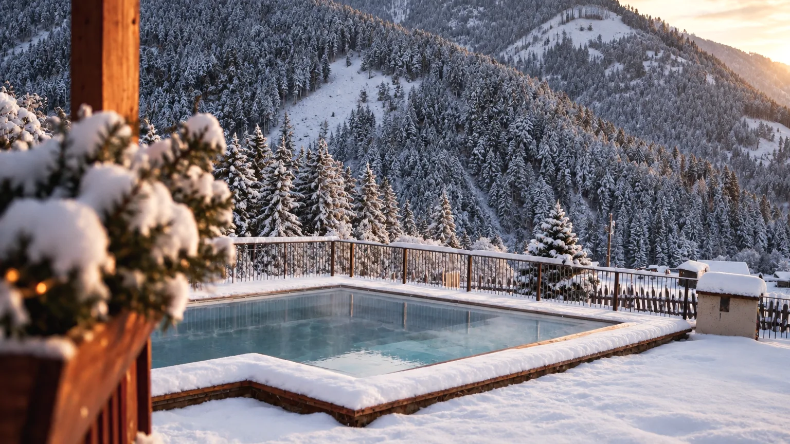 Espacio representativo del hotel: Una piscina exterior cubierta de nieve está junto a una barandilla, con montañas boscosas al fondo.