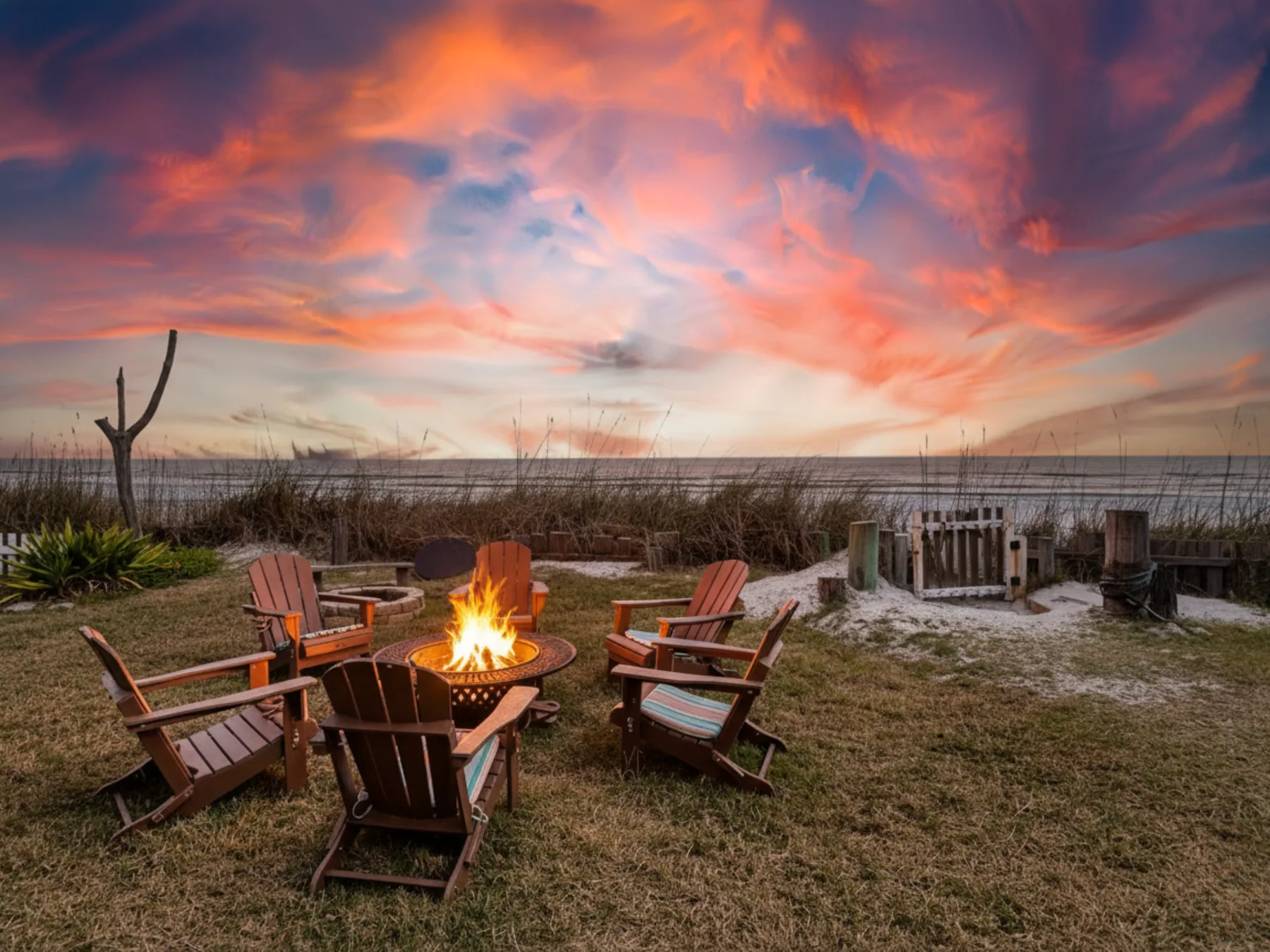Outdoor seating surrounds a fire pit on a grassy area beneath a colorful sunset sky.