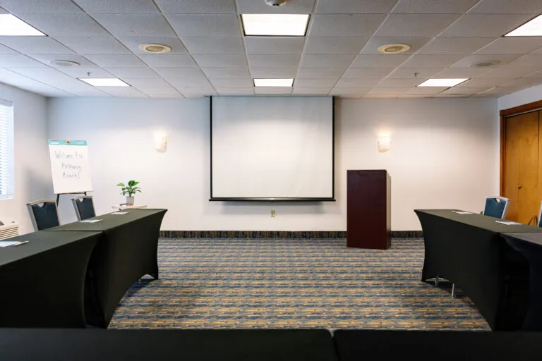 Representative hotel space: A meeting room with a projection screen and tables arranged along the sides.