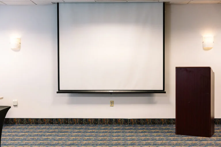 Representative hotel space: A meeting room with a large projection screen and a lectern.