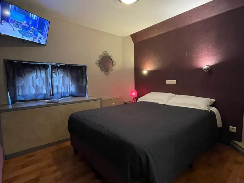 Espacio representativo del hotel: Un dormitorio con una cama junto a una pared oscura y una ventana con cortinas.
