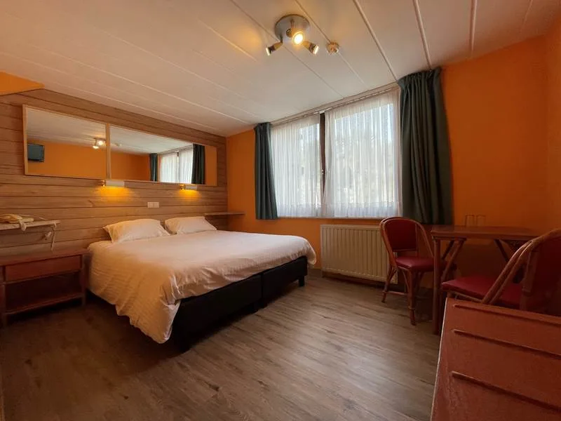 Espacio representativo del hotel: Un dormitorio con una cama doble, ventanas con cortinas y un escritorio.