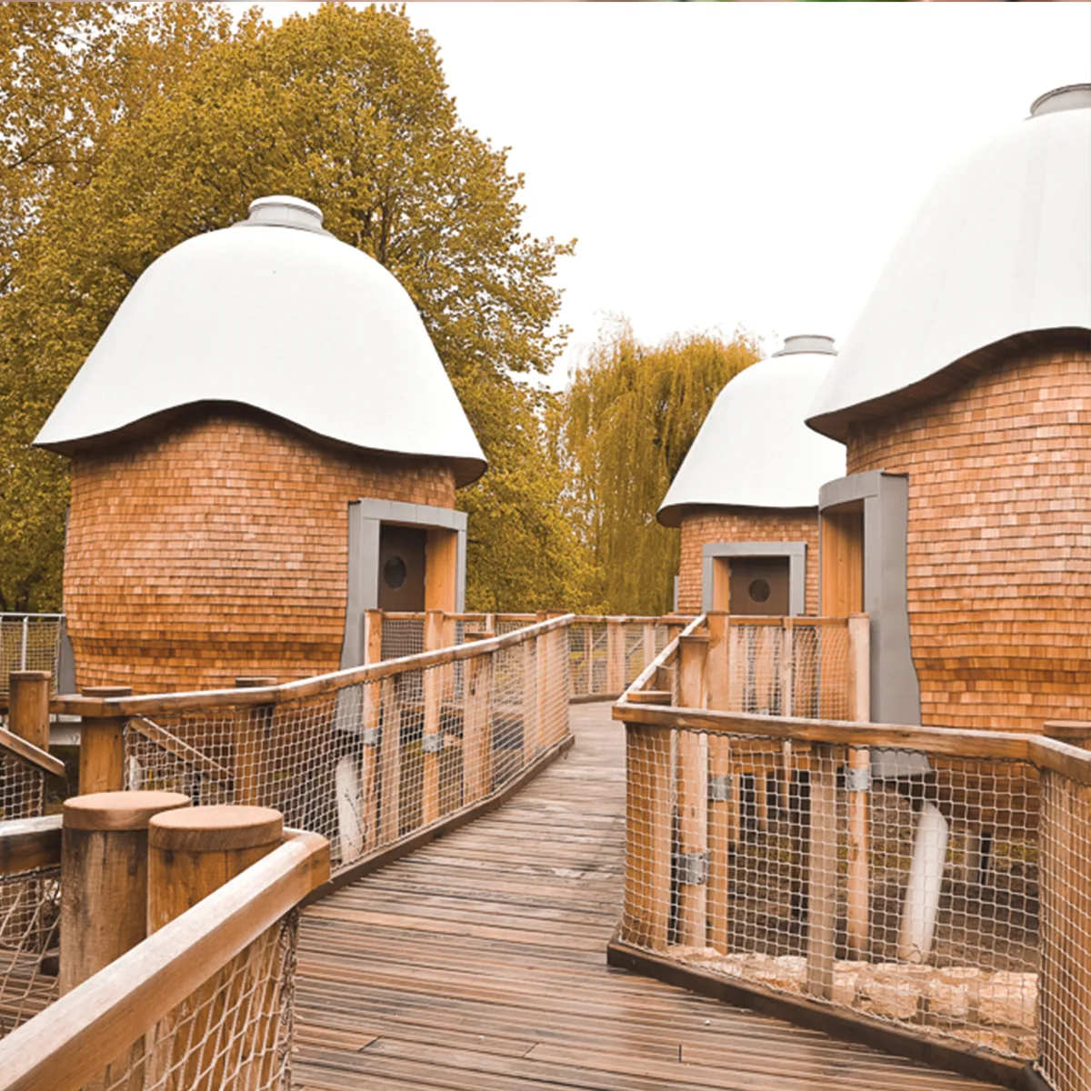 Representative hotel space: A raised wooden walkway winds between small rounded buildings beneath leafy trees.