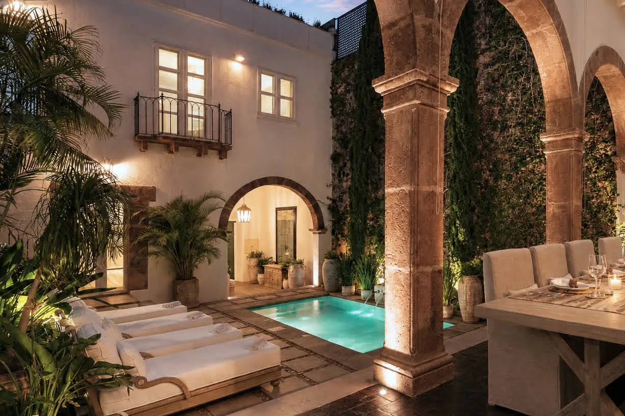 Una piscina de patio junto a una arcada de piedra y asientos al aire libre.