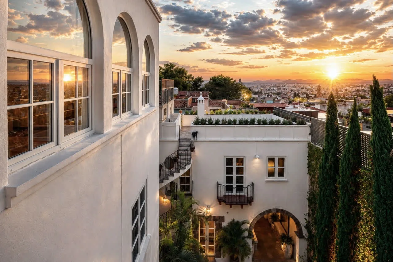 Un edificio blanco domina la ciudad al atardecer, con ventanas arqueadas y árboles altos.