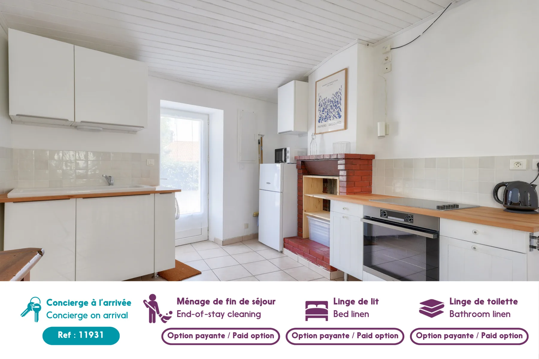 A bright kitchen with white cabinets, a refrigerator, and an oven.