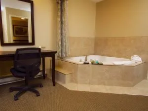Representative hotel space: A hotel room with a desk and a built-in bathtub.