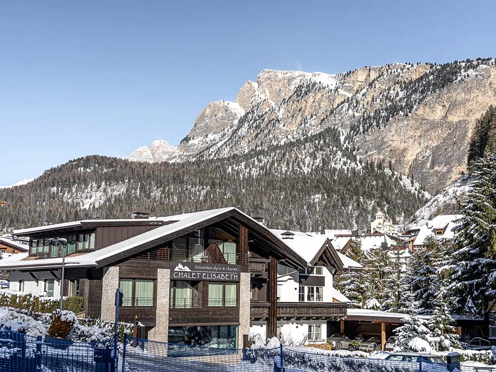 Espacio representativo del hotel: Un edificio tipo chalet se encuentra bajo una montaña nevada en invierno.