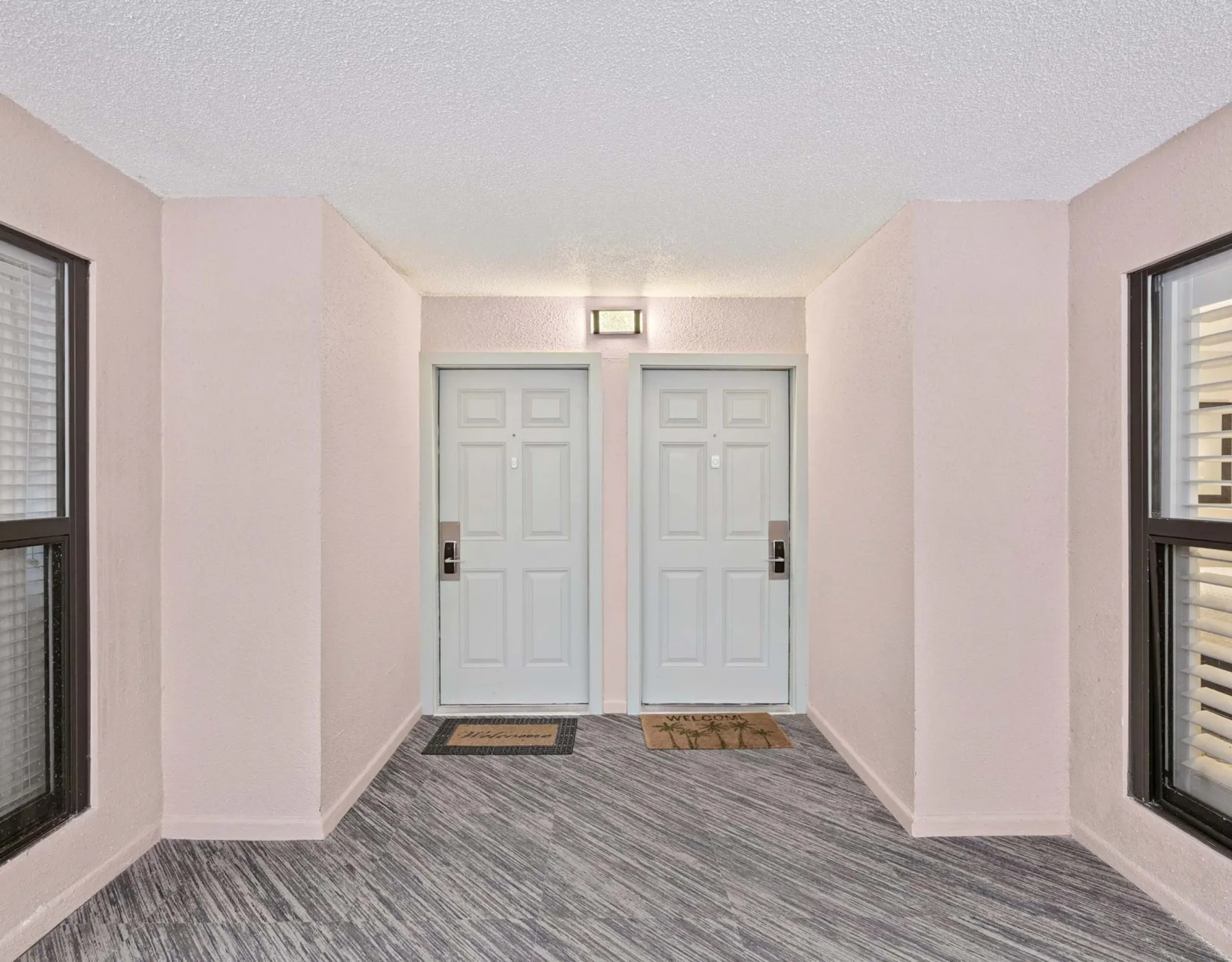 Zona común: Un área de entrada interior con dos puertas contiguas y ventanas.
