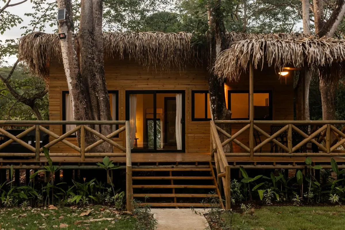 Una cabaña de madera con techo de paja y un porche elevado entre árboles.