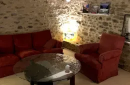 Espacio representativo del hotel: Una sala rústica con asientos rojos y una mesa de centro de vidrio.