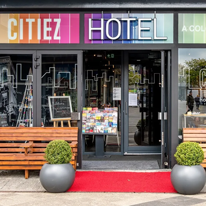 Representative hotel space: Hotel entrance with glass doors, a red mat, and potted plants.