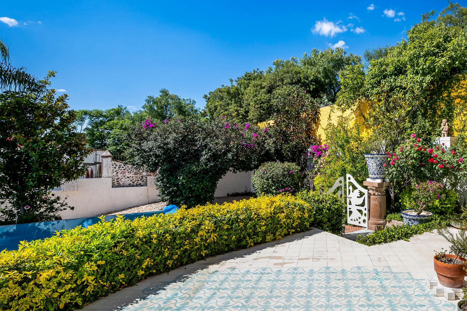 Shared amenity: Outdoor patio with patterned tiles, flowering shrubs, and a swimming pool.