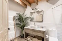 A bright bathroom with a vanity, mirror, and potted palm.