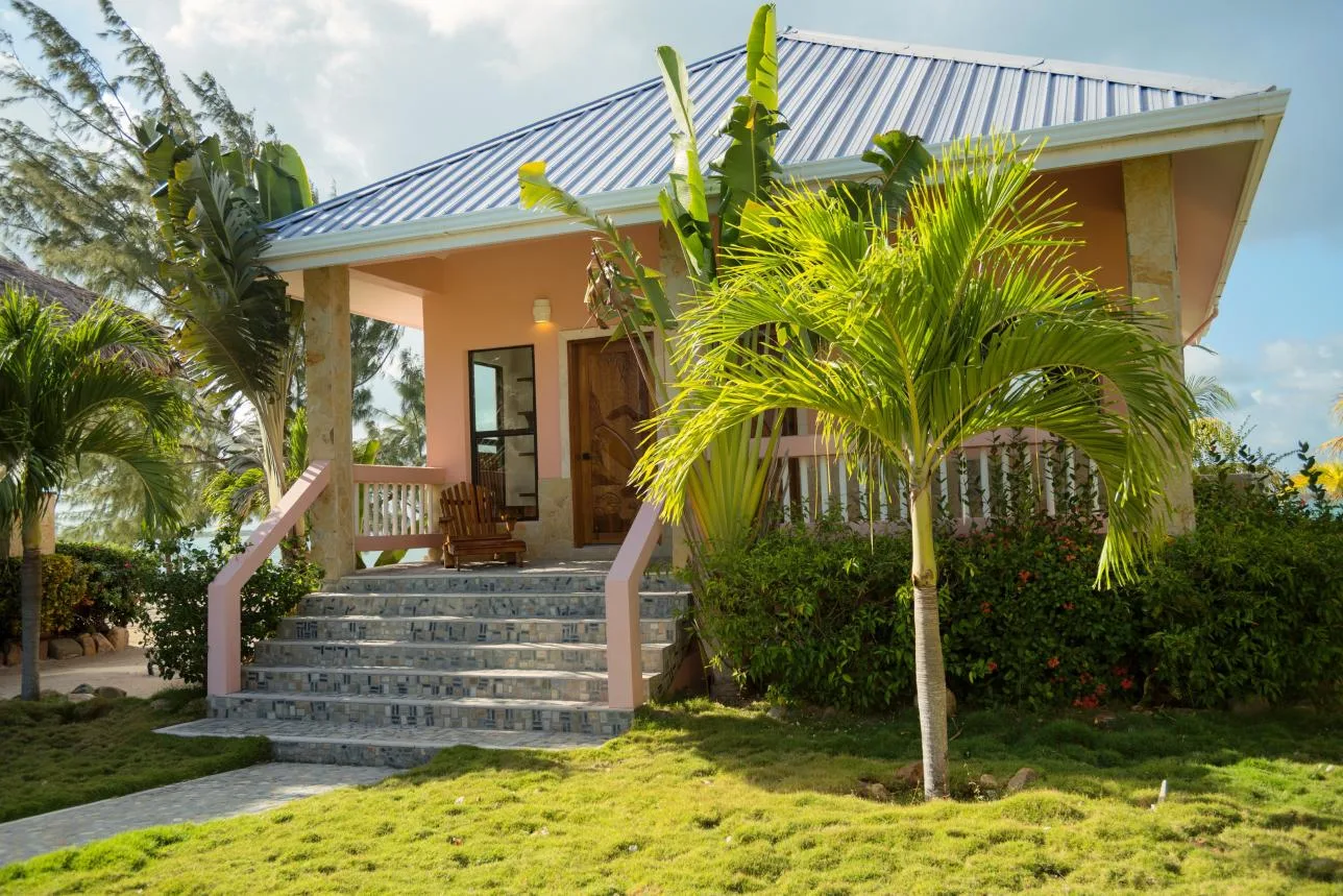 A raised house entrance has a covered porch, front steps, and tropical plants.