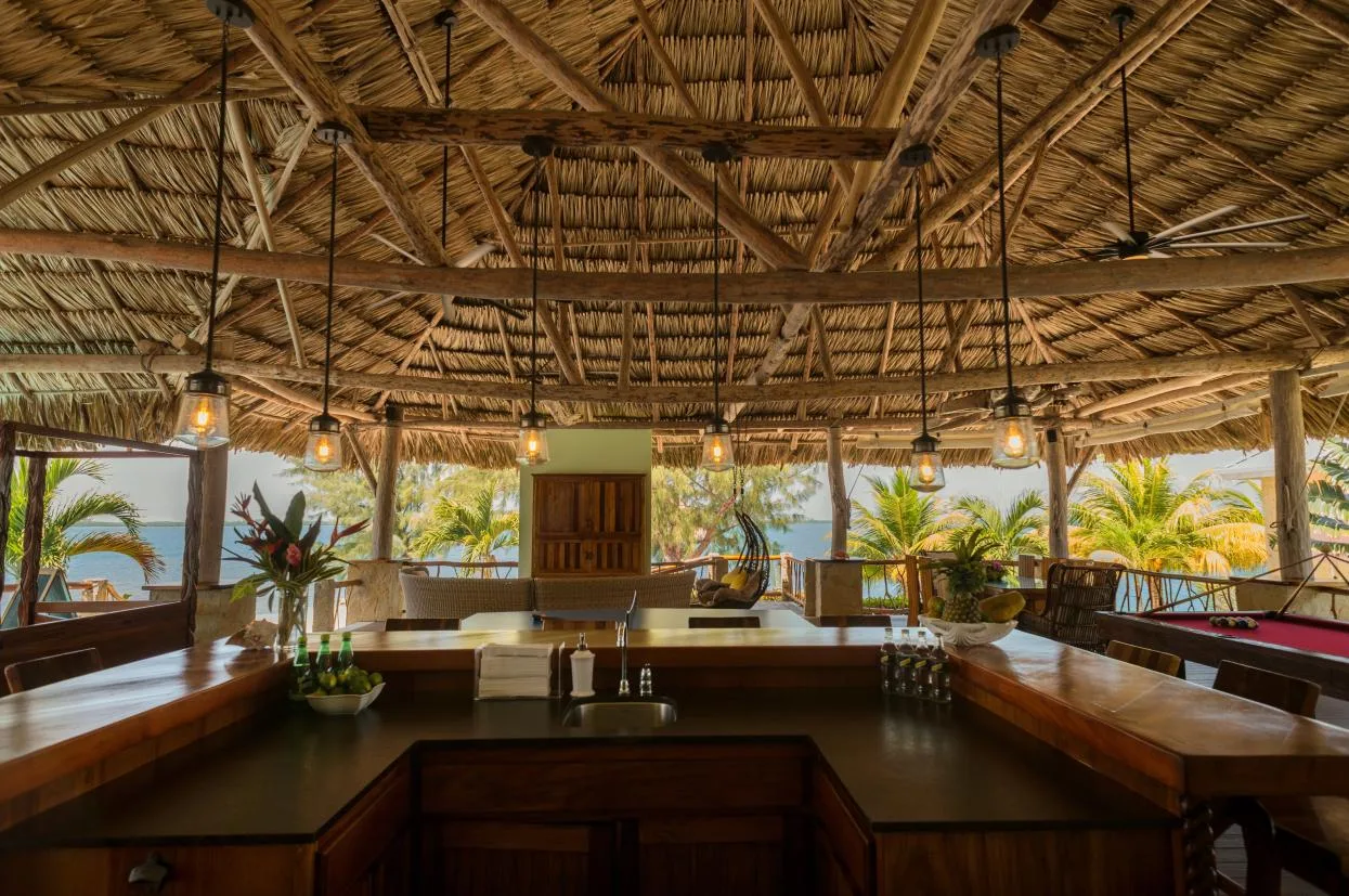 An open-air bar beneath a thatched roof, with counters and tropical plants.