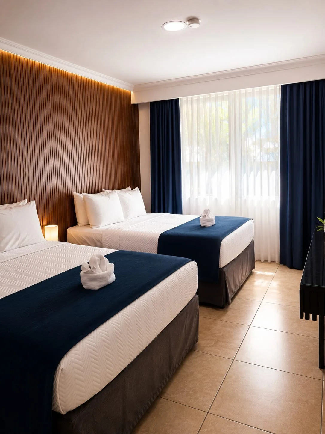 Representative hotel space: A bedroom with two beds dressed in white linens and dark blue runners.
