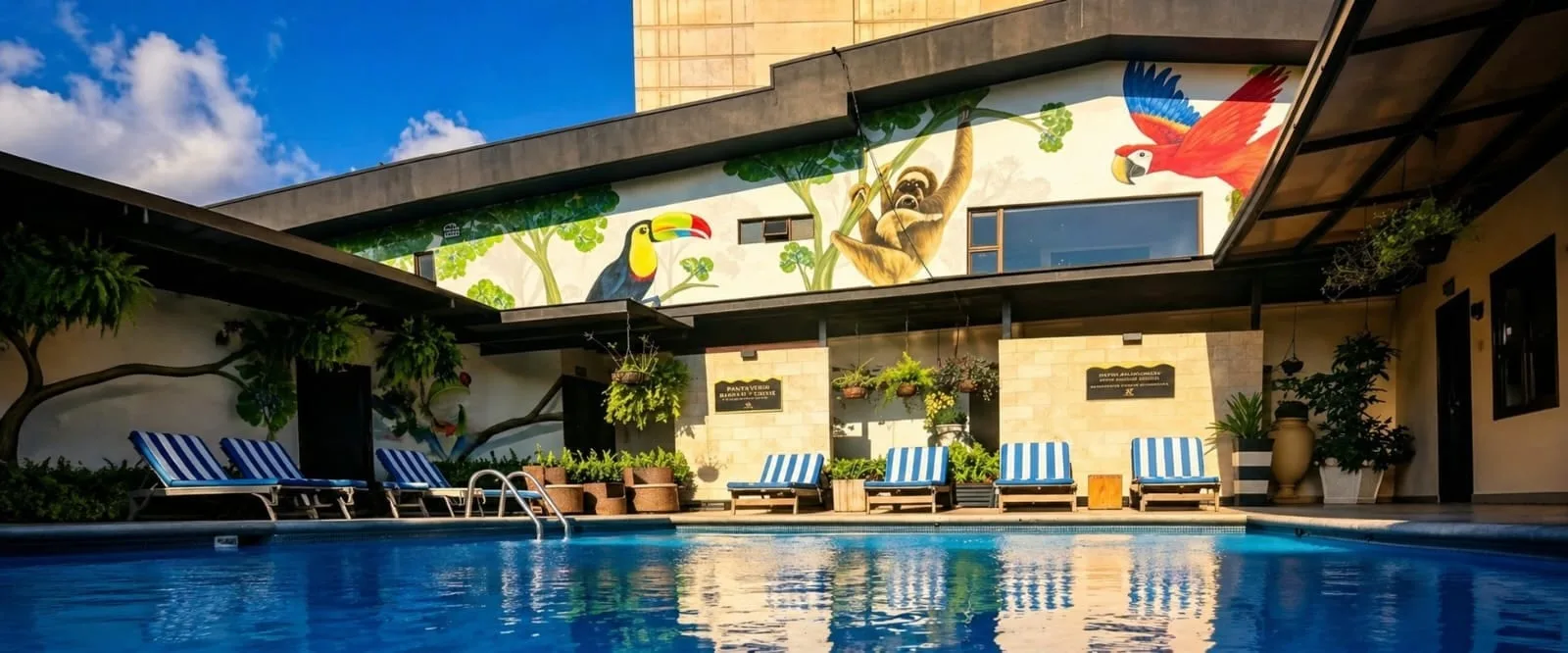 Representative hotel space: An outdoor swimming pool sits beneath a colorful tropical mural.
