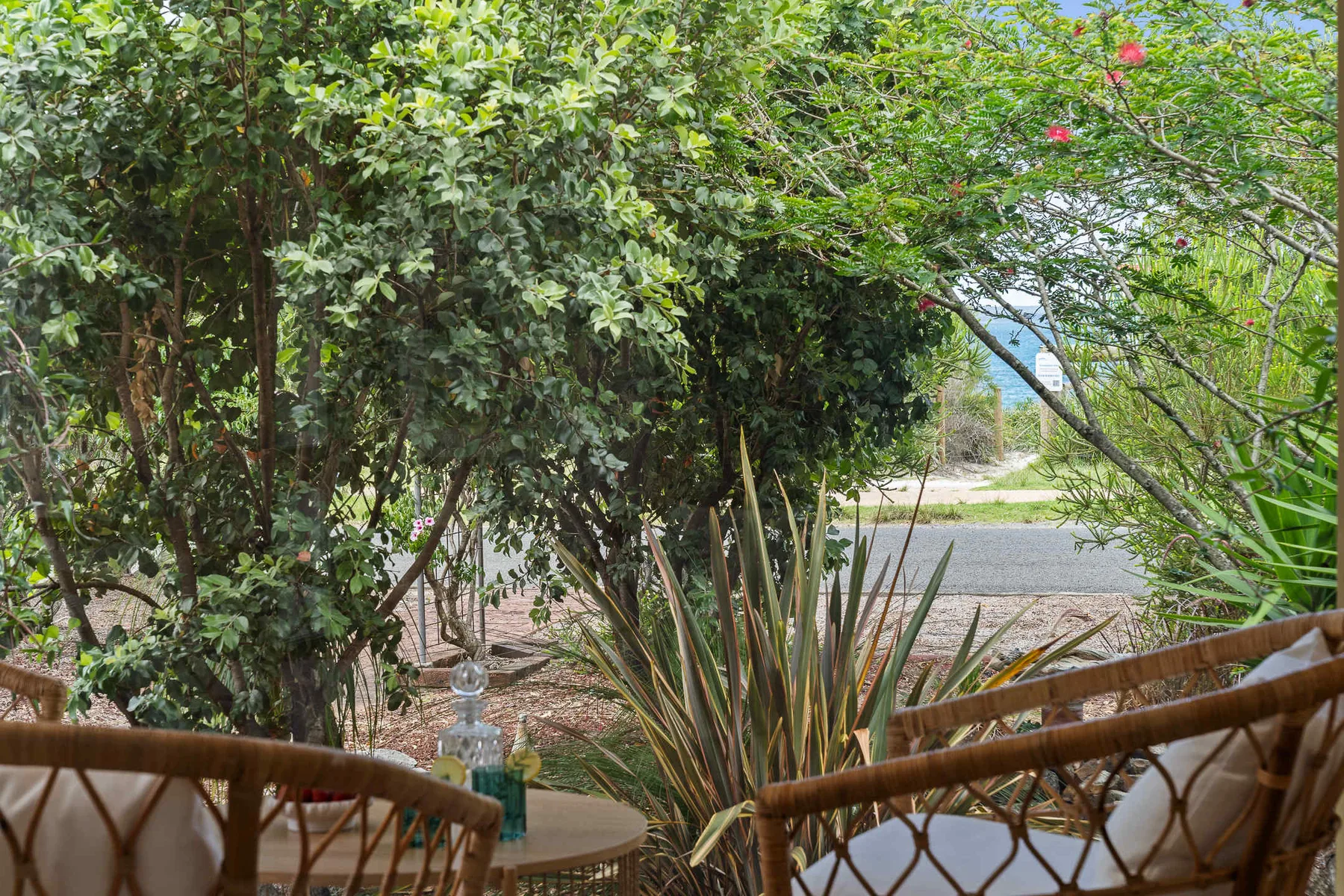 An outdoor seating area is surrounded by leafy plants beside a road.
