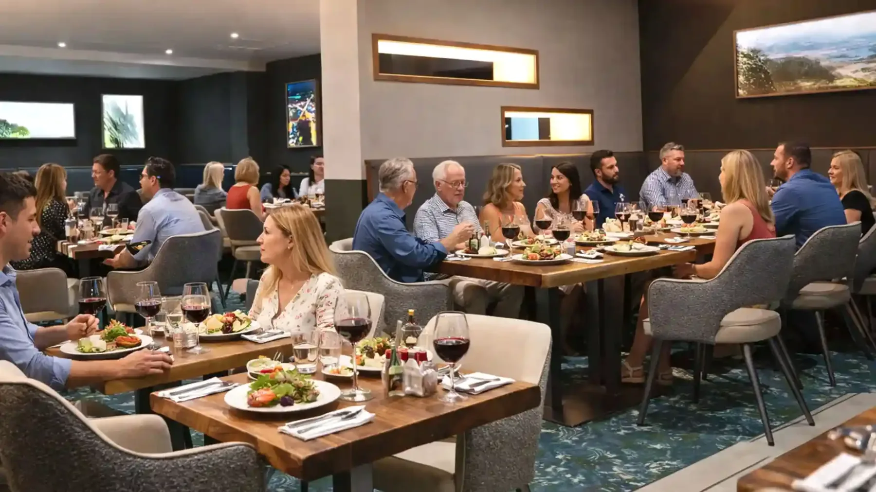 Espacio representativo del hotel: Un comedor de restaurante con personas sentadas a las mesas y platos servidos.