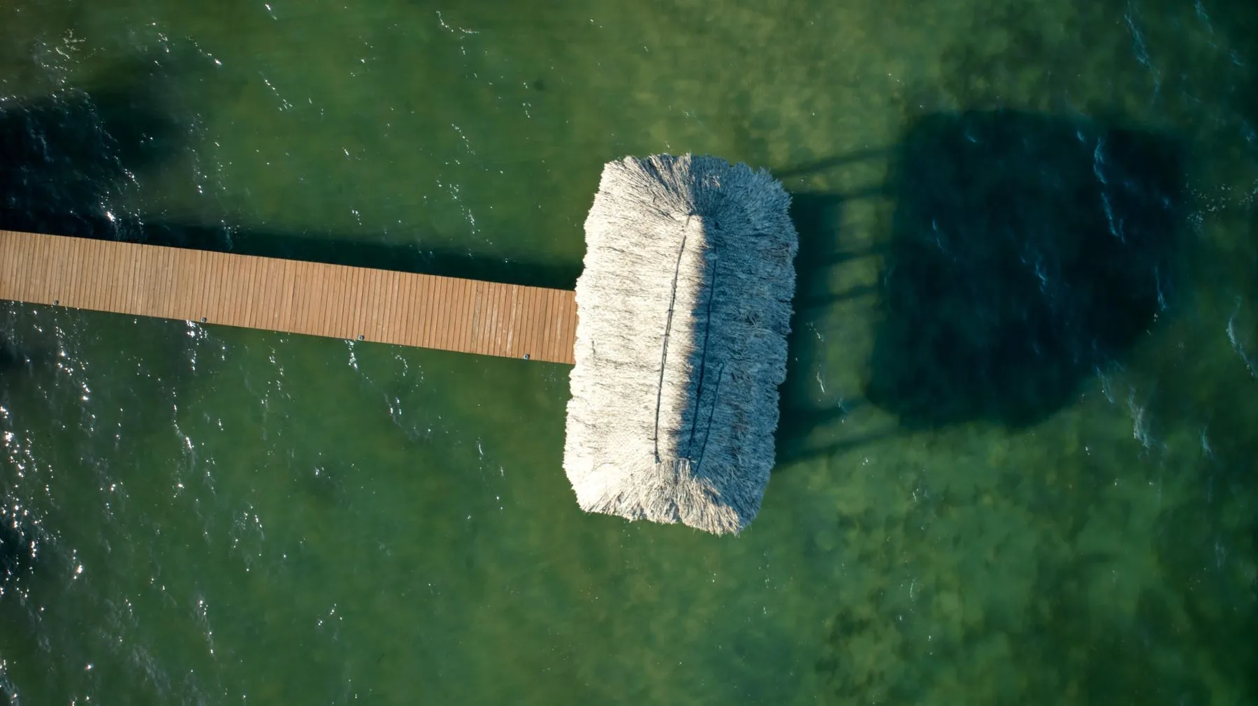 A narrow wooden walkway extends across shallow green water to a thatched platform.