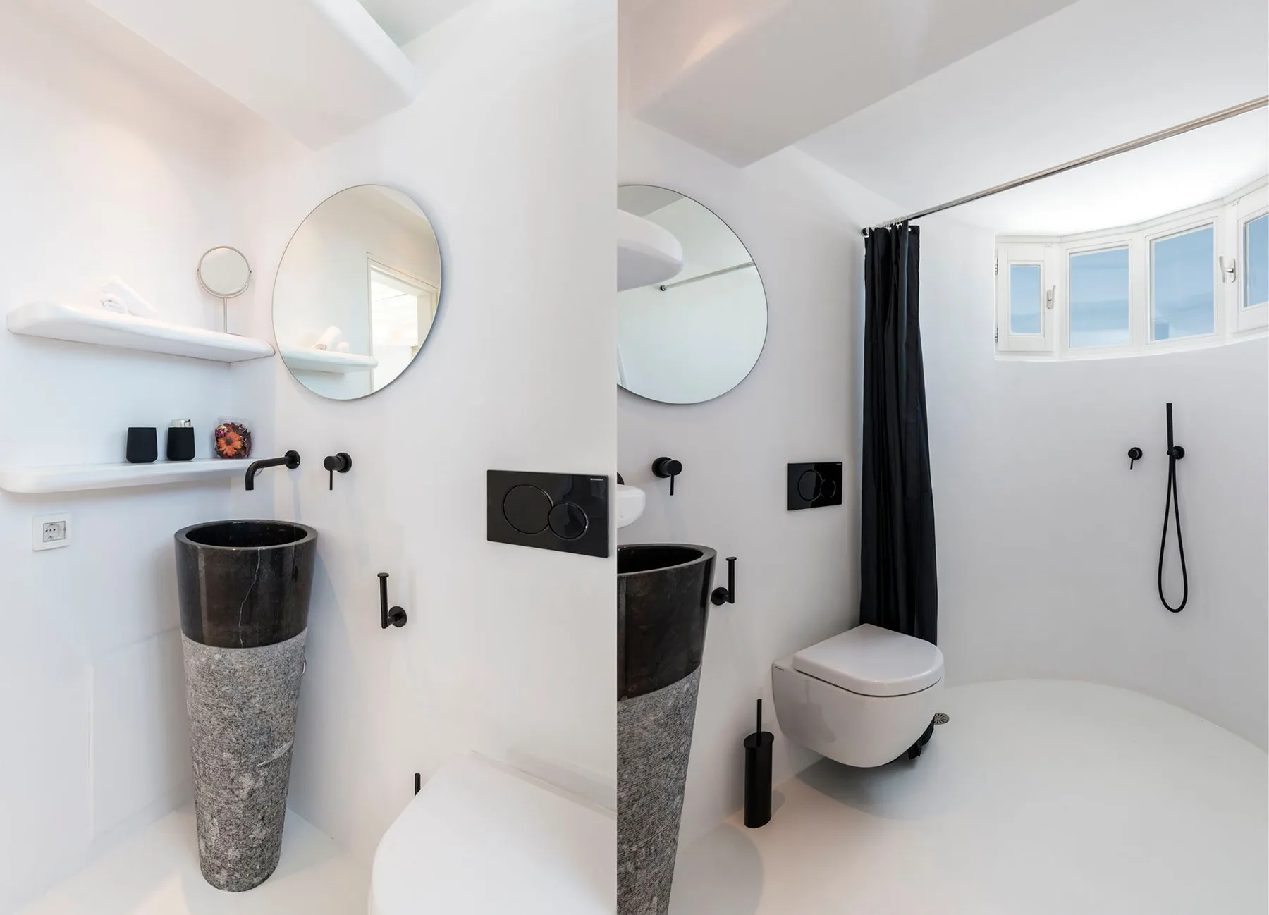 A bright bathroom with a freestanding sink, wall-mounted toilet, and shower fixtures.