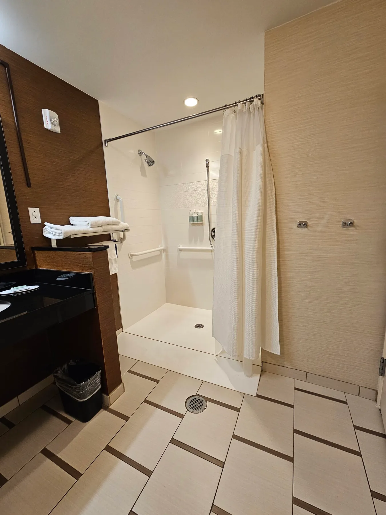 Espacio representativo del hotel: Un baño con ducha a ras de suelo y piso de baldosas.