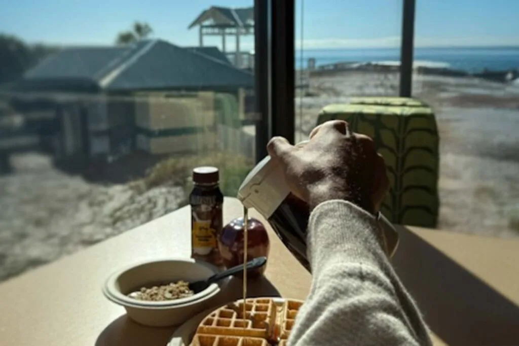 Espacio representativo del hotel: Una mesa de desayuno junto a una ventana ofrece vistas de la playa y el mar.