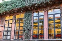 A brick building facade with ivy and tall windows.