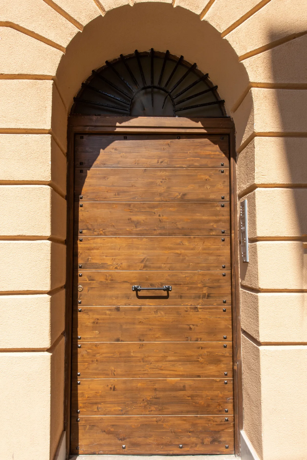 Zona común: Una puerta de entrada de madera está bajo una reja decorativa en arco.