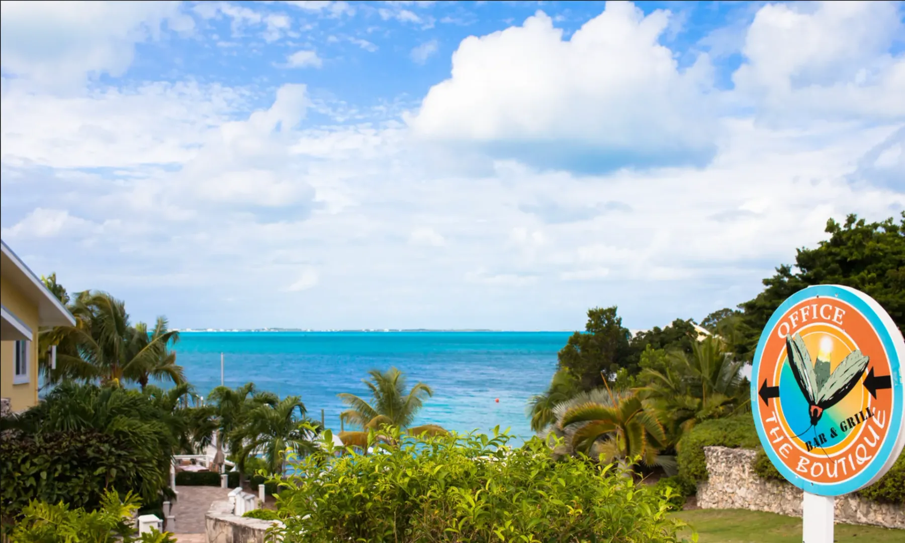 Representative hotel space: A tropical coastal scene with turquoise water, palm trees, and a partly cloudy sky.
