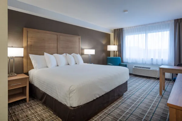 Espacio representativo del hotel: Un dormitorio de hotel con una cama grande y una ventana con cortinas translúcidas.