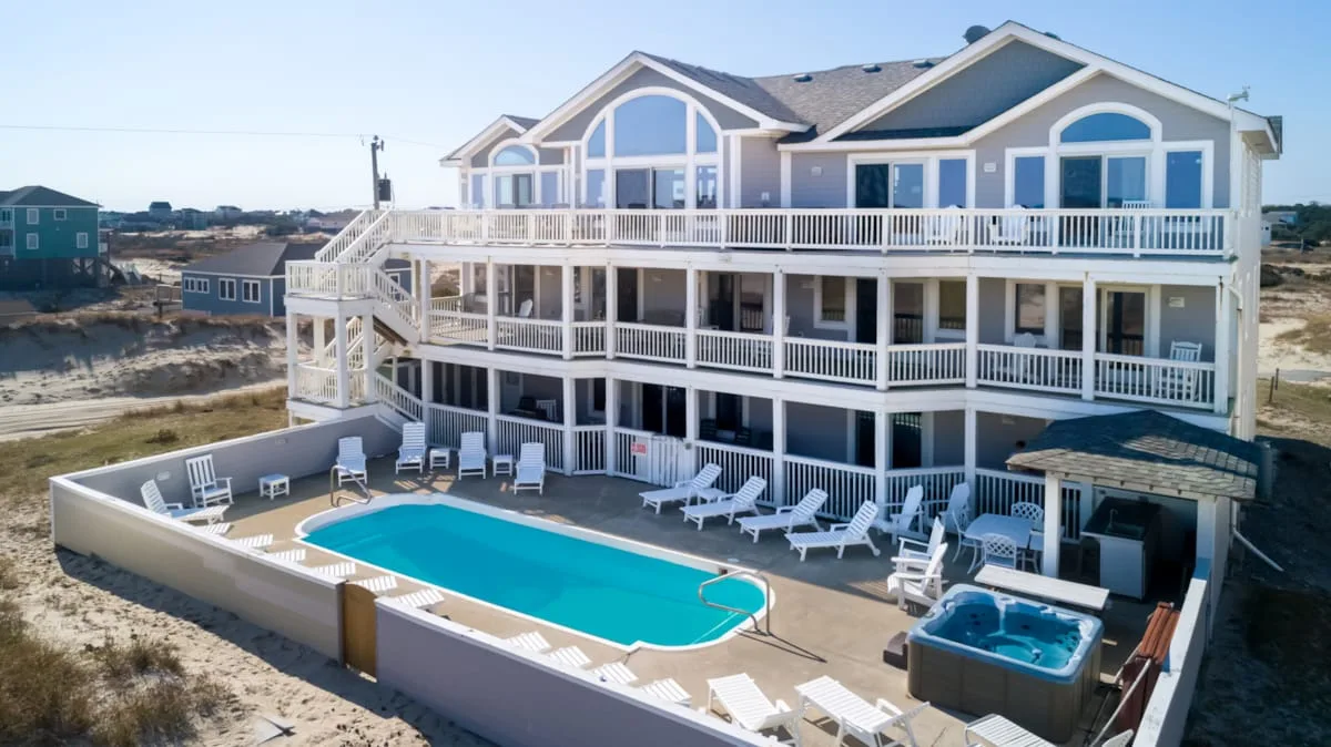 A large coastal house overlooks a swimming pool and outdoor seating area.