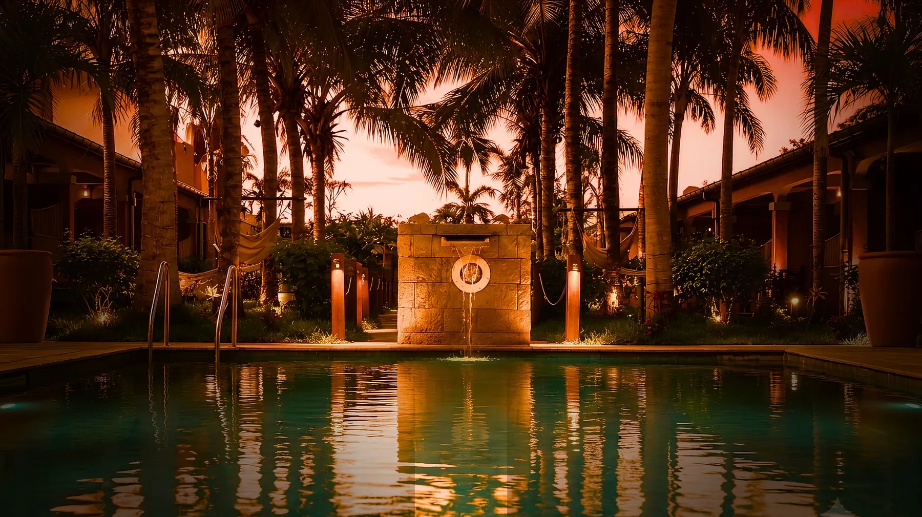 Representative hotel space: A swimming pool sits among palm trees and low buildings at sunset.
