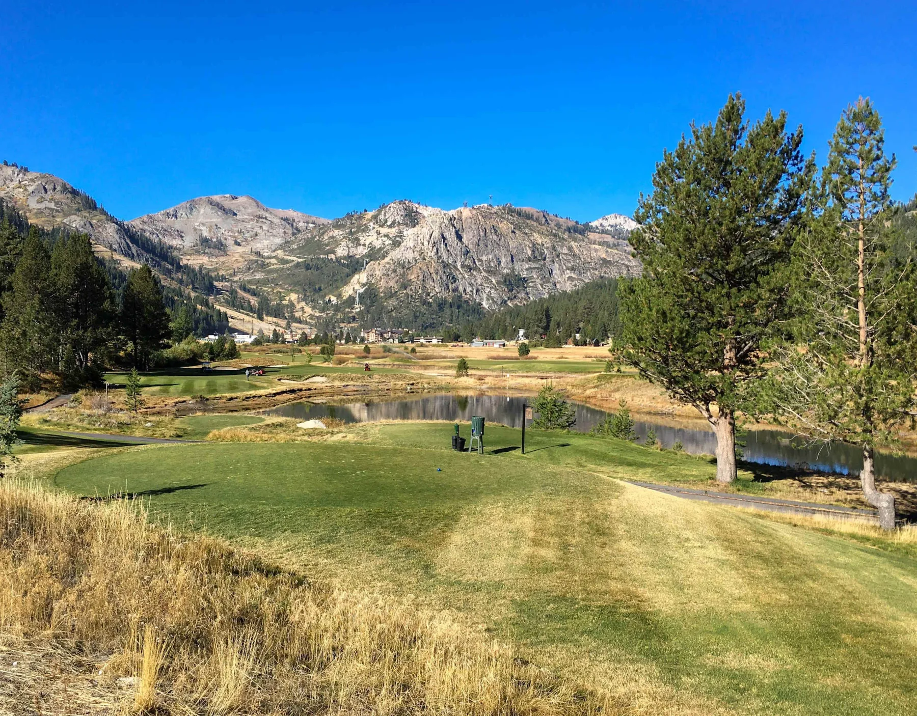 Shared amenity: A grassy landscape with a pond, trees, and mountains under a clear blue sky.