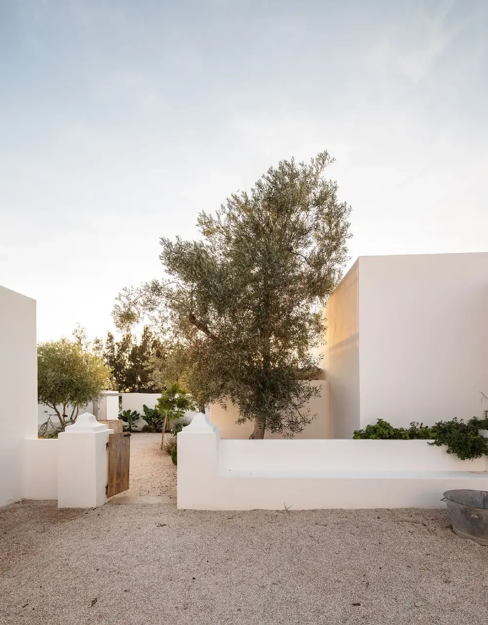 Representative hotel space: A gravel courtyard bordered by white walls, with trees growing among the buildings.
