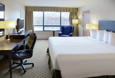 Representative hotel space: A hotel bedroom with a large bed, desk, and armchair.