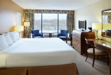 Representative hotel space: A hotel bedroom with a large bed, a desk, and a window seating area.