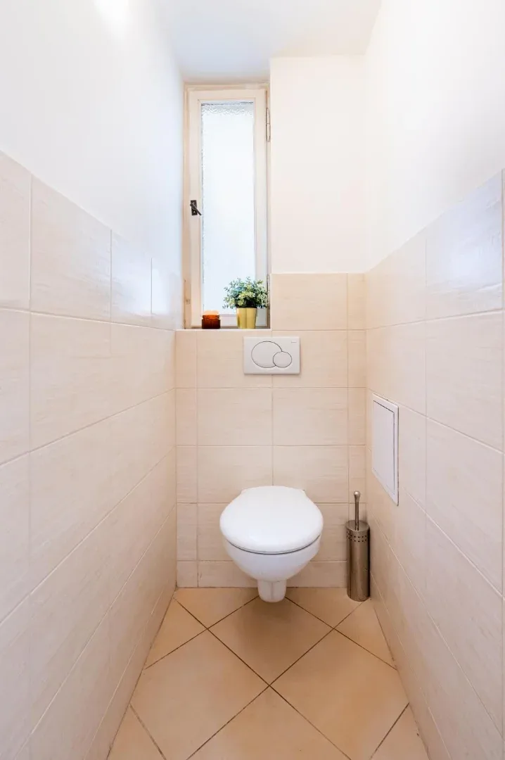 A compact tiled toilet room has a wall-mounted toilet, flush plate, and small window with a potted plant.