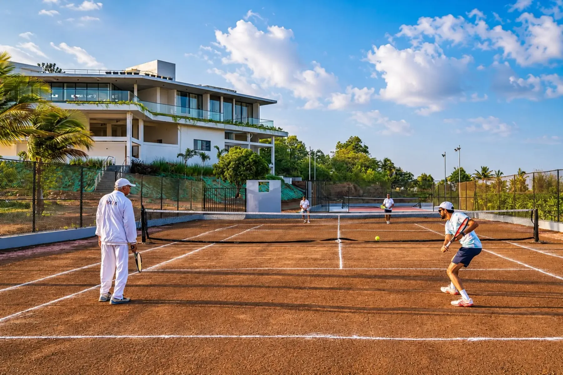 Una cancha de tenis de arcilla con jugadores practicando frente a un edificio moderno.