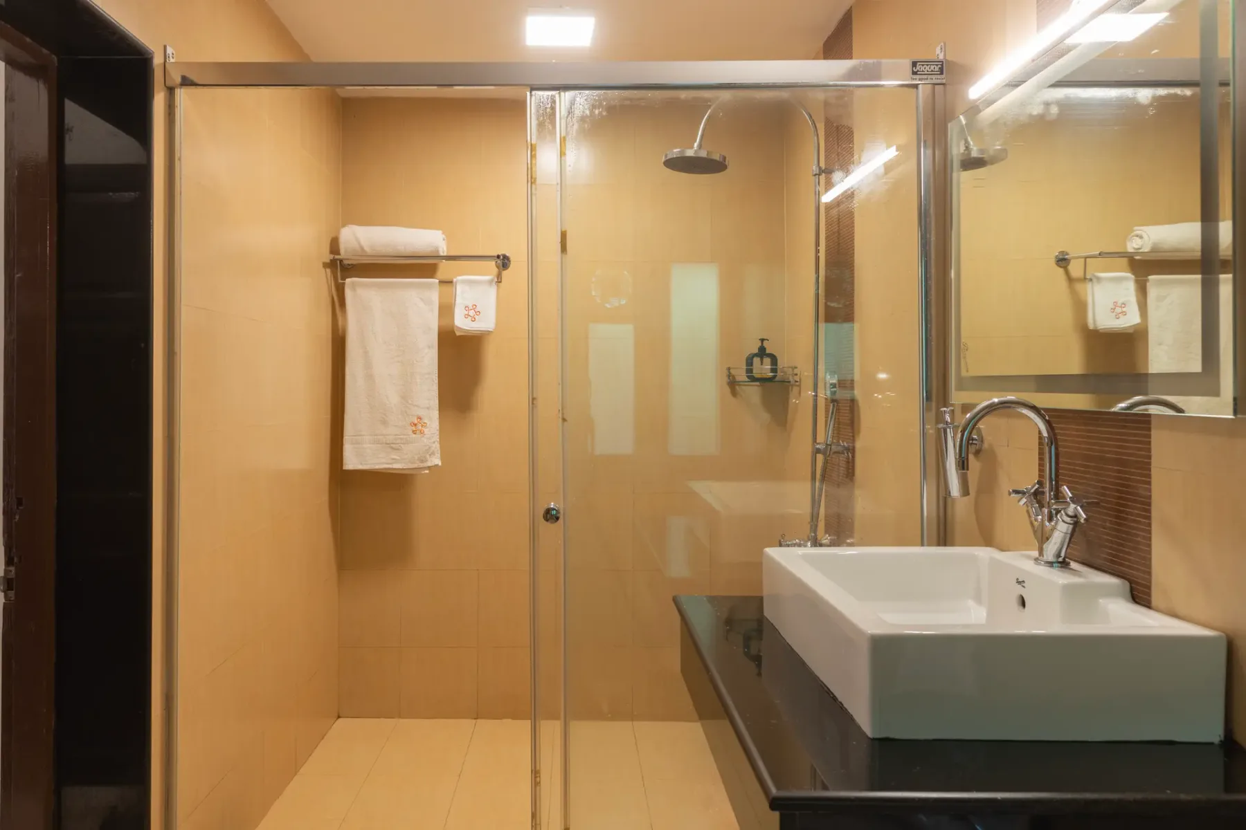 Un baño con una ducha de vidrio y un lavabo junto a un espejo grande.