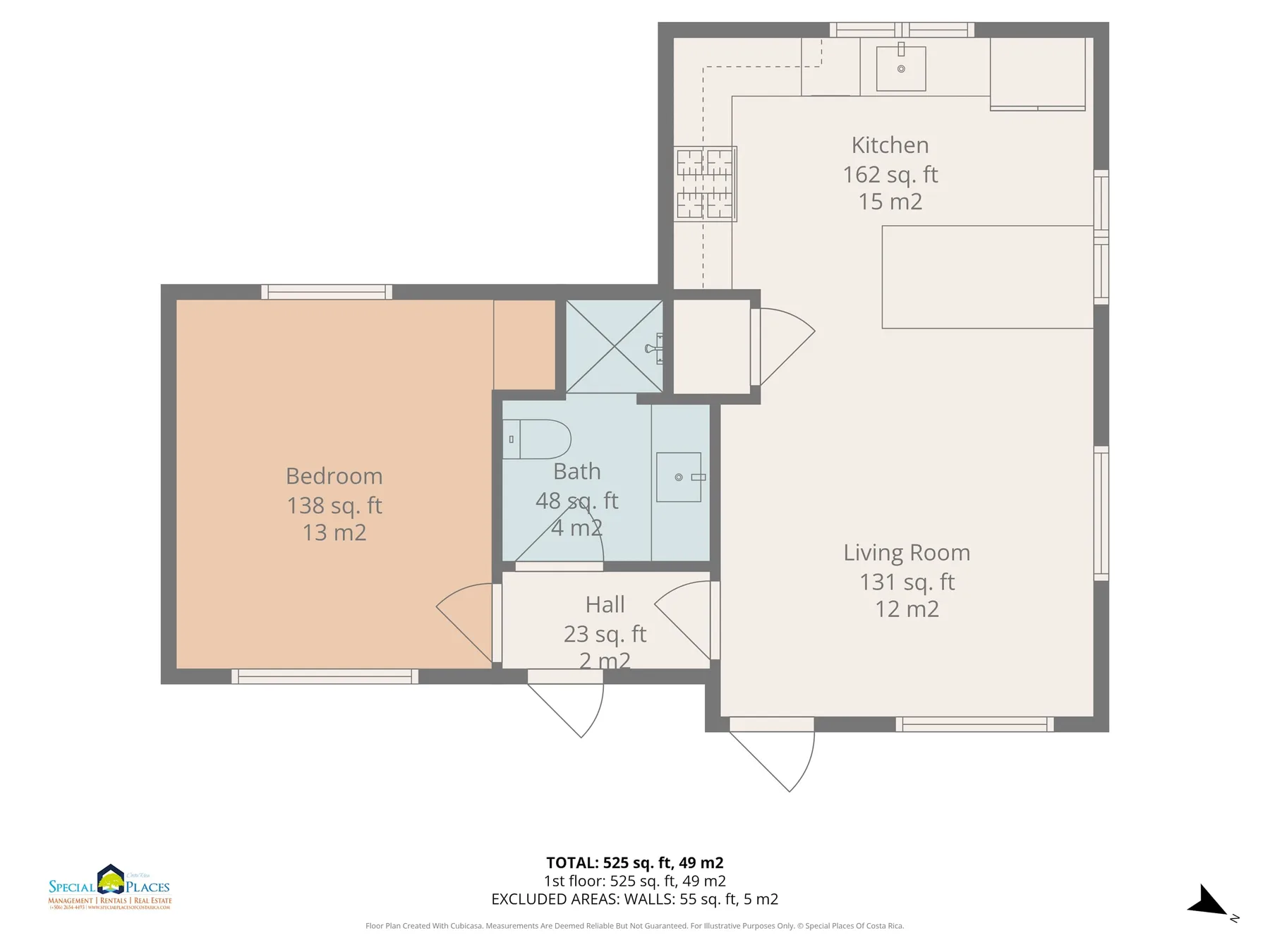 A floor plan shows a bedroom, bathroom, hall, living room, and kitchen.