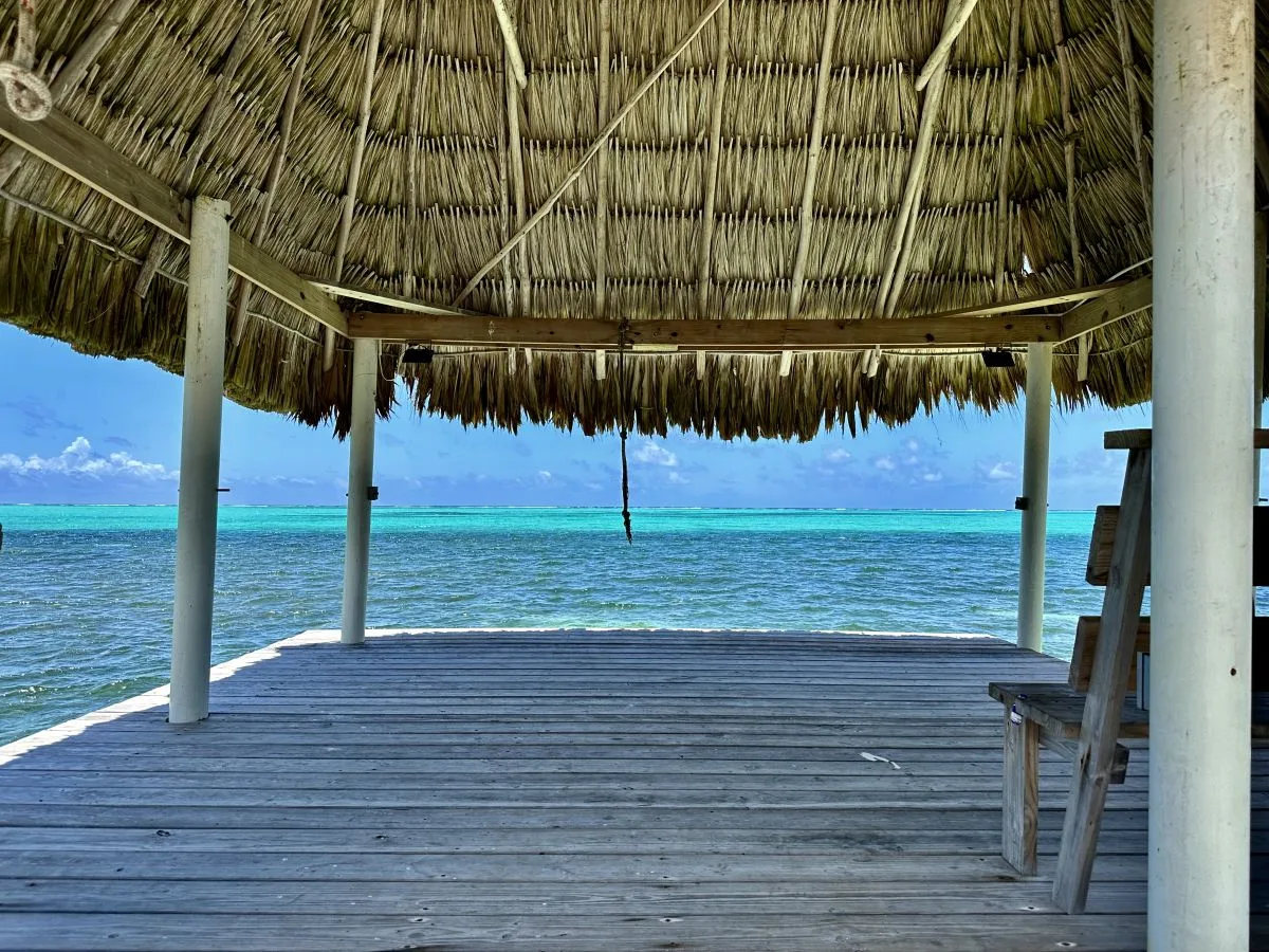 Shared amenity: A thatched-roof deck extends over clear blue water.