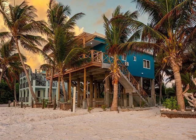 A raised blue building stands among palm trees on a sandy beach.