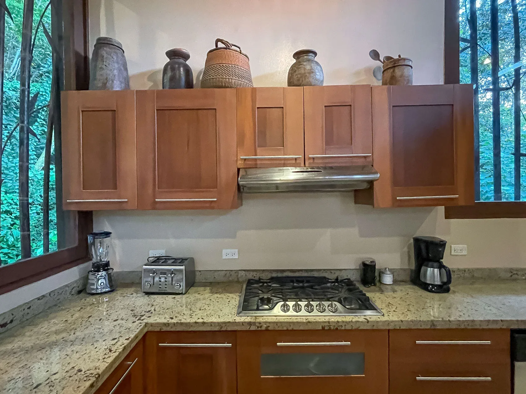 Una cocina con gabinetes de madera, una estufa de gas y ventanas con vista a la vegetación.