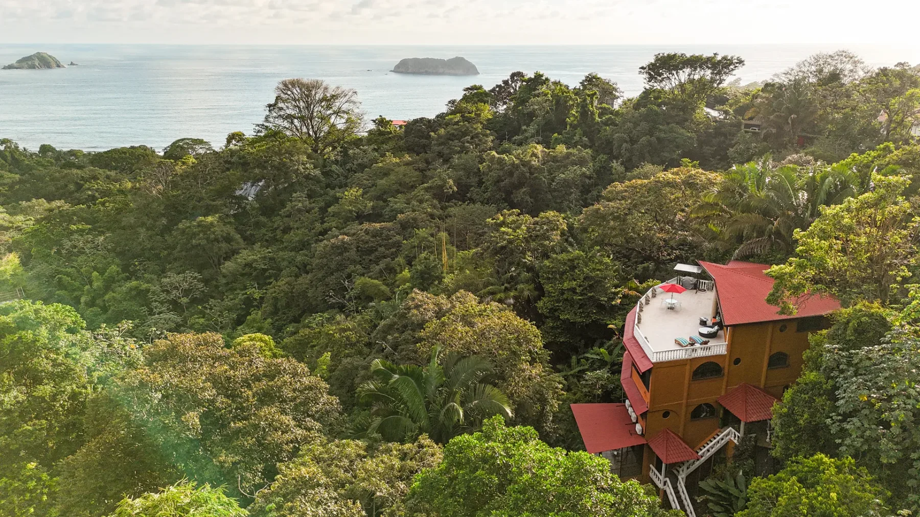 An aerial view of a house nestled among dense trees, with the ocean beyond.