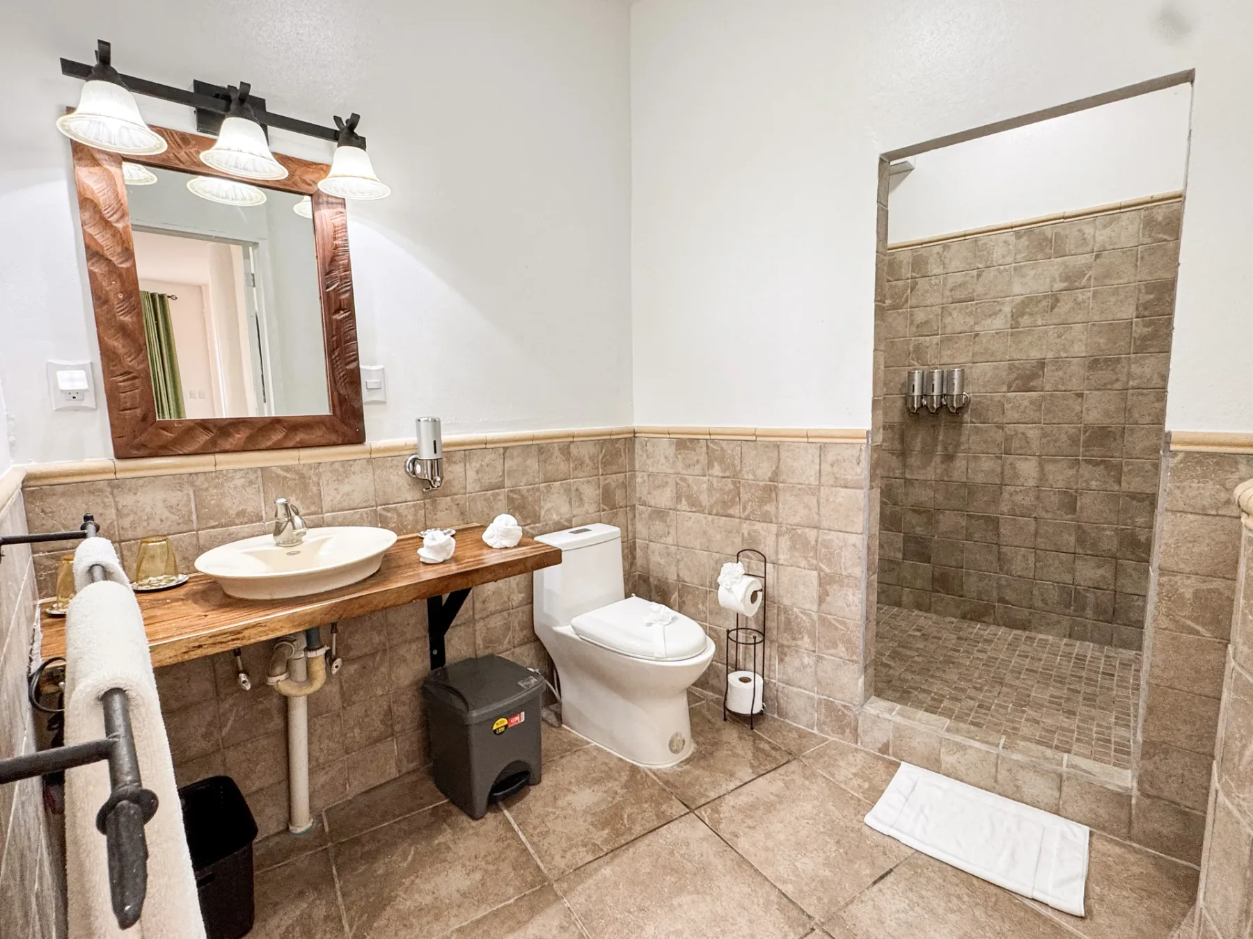 A bathroom with a sink, toilet, and walk-in shower.
